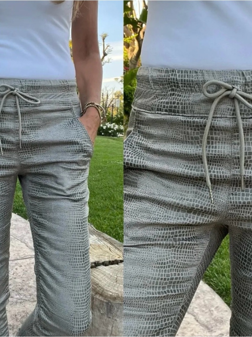 BEVY FLOG Green Snake Shelly -Embossed Skinny Drawstring Pants